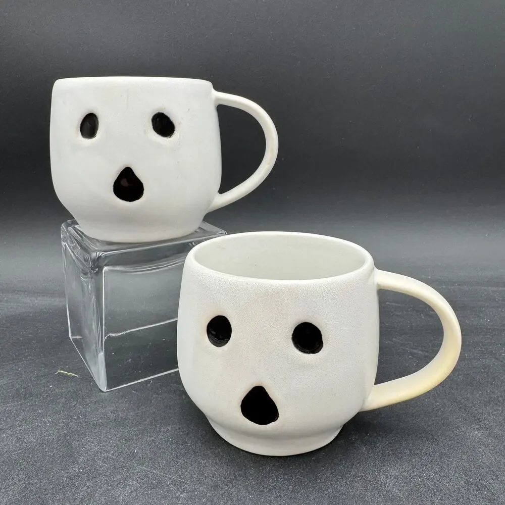 Pottery Barn Ghost Mugs Halloween Stoneware Kitchen Matte White Spooky